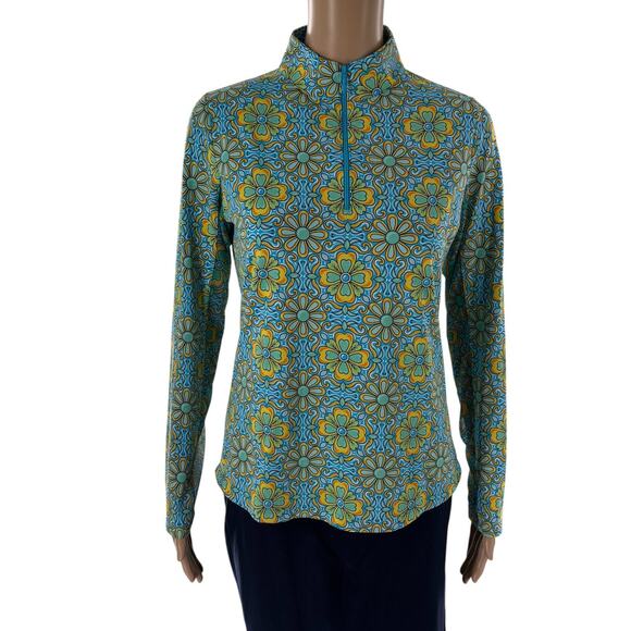 IBKUL Scarlet Turquoise Floral Print Quarter Zip Long Sleeve Top - Picture 3 of 12